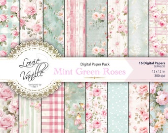 Vintage Spring Digital Paper Roses Pink Mint Green Floral SEAMLESS Pattern Digital Floral Junk Journal Printable Pink Rose Digital Collage