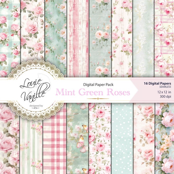 Vintage Spring Digital Paper Roses Pink Mint Green Floral SEAMLESS Pattern Digital Floral Junk Journal Printable Pink Rose Digital Collage