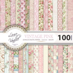 Pacchetto di carta digitale rosa pastello vintage, 100 sfondi rosa pastello senza soluzione di continuità, set di carta rosa shabby chic, morbido scrapbooking primaverile vintage
