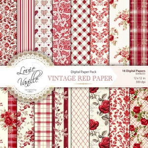 Rode vintage digitale papierverpakking, NAADLOOS noodlijdend papier, rode achtergrond, shabby junk Journal, verouderd afdrukbaar, plakboekpapier