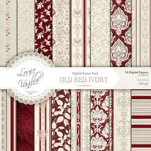 Vintage Rot und Elfenbein Digital Paper Pack, nahtlose Damast, Blätter & Streifen Muster für Junk Journal und Scrapbook Hintergründe