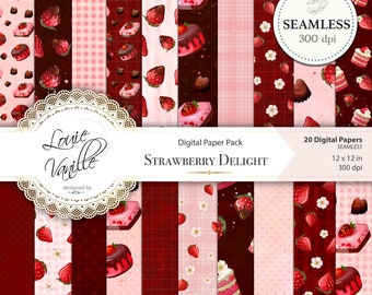 Strawberry SEAMLESS Digital Paper, Strawberry Graphics, Dessert Print, Commercial Use Instant Download