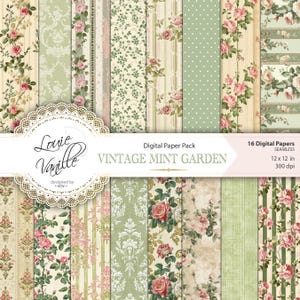Confezione di carta digitale floreale rosa e verde menta vintage, sfondo antico senza cuciture, shabby chic, diario spazzatura e scrapbooking