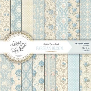 Vintage Blue Parisian Bloom Roses Digital Paper Kit, Antique Cottage SEAMLESS Pages, Distressed Background, Junk Journal and Scrapbooking
