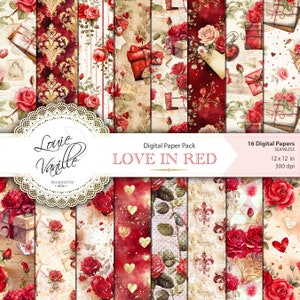 Papel Digital Romântico Vintage SEM EMENDA, Padrão Vintage de Carta de Amor de Rosas Vermelhas, Diário de Amor Junk para Impressão Colagem Digital, Dia dos Namorados