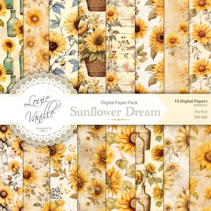 Sunflower Digital Paper Pack, SEAMLESS Vintage Distressed Background Paper Set, Scrapbooking and Junk Journal Printables