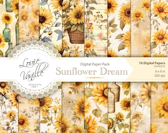 Sunflower Digital Paper Pack, SEAMLESS Vintage Distressed Background Paper Set, Scrapbooking and Junk Journal Printables