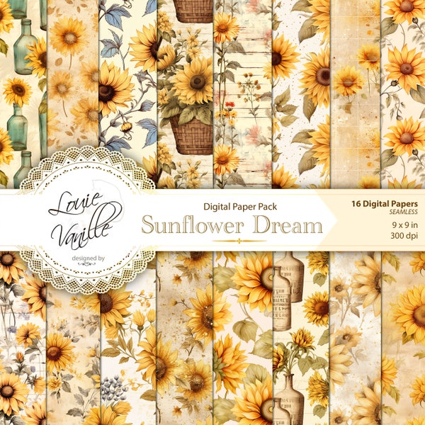 Sunflower Digital Paper Pack, SEAMLESS Vintage Distressed Background Paper Set, Scrapbooking and Junk Journal Printables