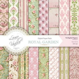 Vintage Royal Garden digitaal papierpakket, antiek roze en groen NAADLOZE noodlijdende achtergrond, ongewenste dagboek en scrapbooking