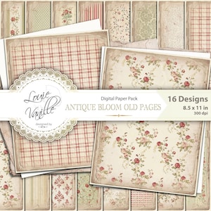 Pagine digitali vintage antiche, verdi e rosse, bordi strappati 8,5"x11", sfondo invecchiato con texture floreale, carta per scrapbooking Junk Journal