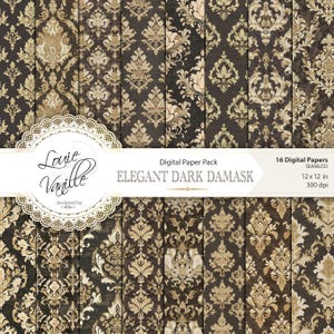 Elegant donker damast digitaal papier, donkerbruin en beige met gouden accenten, naadloze stoftextuur, junkjournal en plakboekpagina's