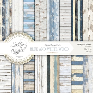 Pacote de papel digital de madeira azul e branco, fundo antigo sem costura desgastado, chique gasto, diário de lixo e scrapbooking