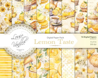 Lemon Dessert Digital Paper Pack, SEAMLESS Lemon Background Paper Set, Vintage Watercolor Scrapbooking and Junk Journal Printables