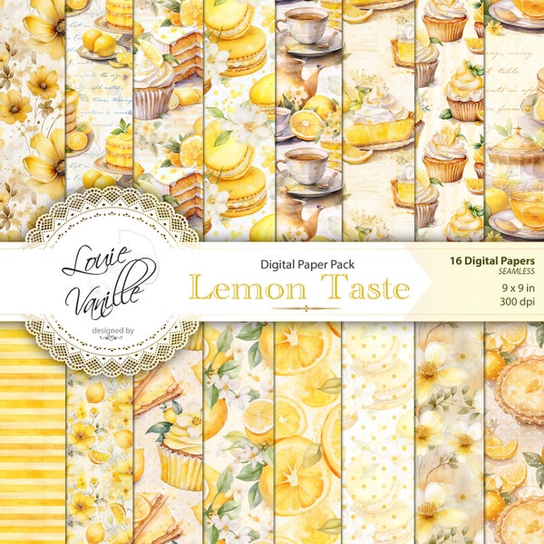 Lemon Dessert Digital Paper Pack, SEAMLESS Lemon Background Paper Set, Vintage Watercolor Scrapbooking and Junk Journal Printables