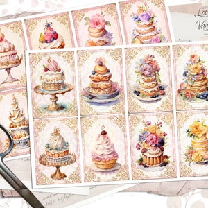 French Patisserie Printable Cards, Dessert Vintage Printable Papers, Scrapbooking, Digital Download, Junk Journal Supplies