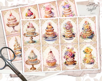 French Patisserie Printable Cards, Dessert Vintage Printable Papers, Scrapbooking, Digital Download, Junk Journal Supplies