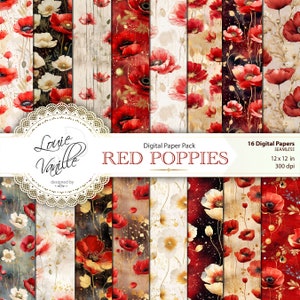 Pacchetto di carta digitale Papaveri rossi, set di carta per sfondo floreale SENZA GIUNTE, scrapbooking rosso dorato e stampabili del diario spazzatura
