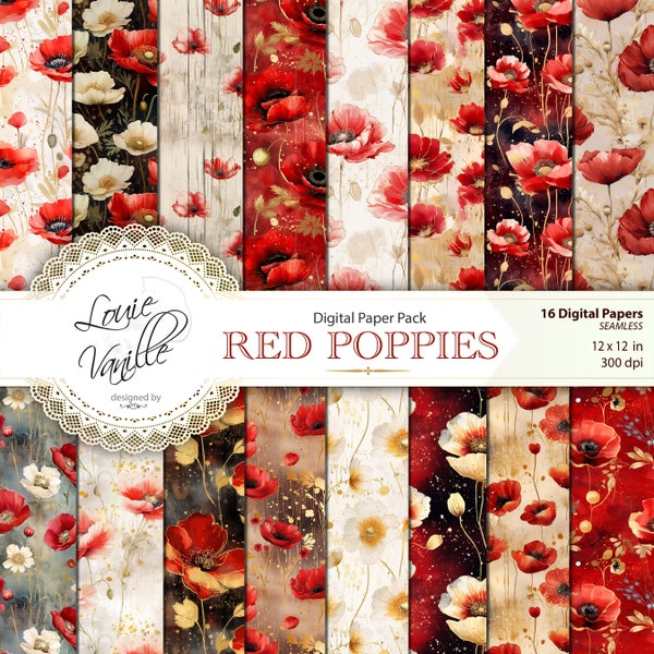 Rote Mohnblumen Digital Paper Pack, SEAMLESS Floral Background Papier Set, Golden Red Scrapbooking und Junk Journal Ausdrucke