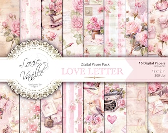 Romantic Digital Paper Vintage SEAMLESS, Love Letter Vintage Pattern, Love Junk Journal Printable Digital Collage, Valentines Day