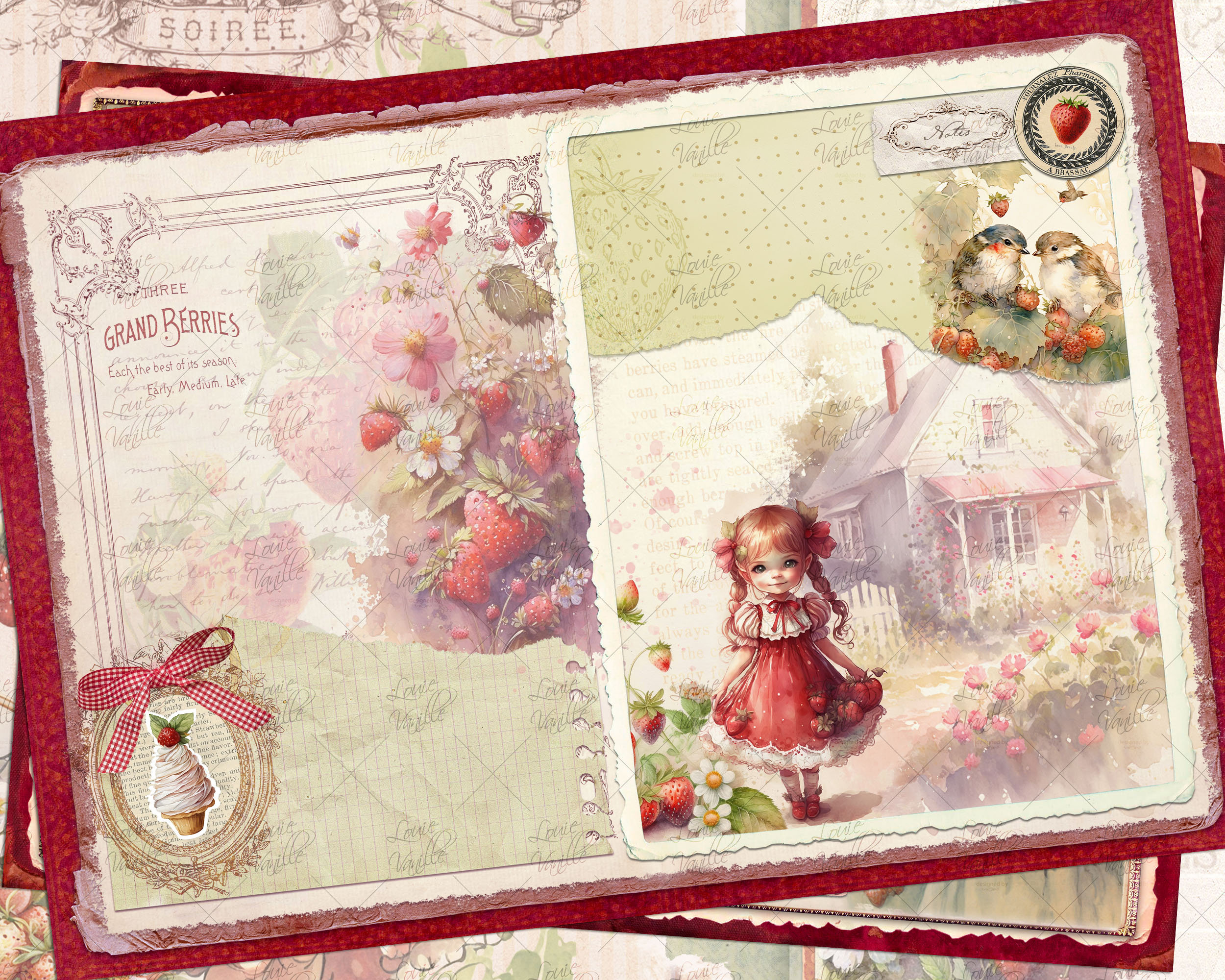 Junk Journal Kit Strawberry Printable, Vintage Scrapbook Kit, Antique ...