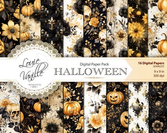 Halloween Floral Digital Paper Pack, SEAMLESS Dark Floral Background Paper Set, Scrapbooking and Junk Journal Printables