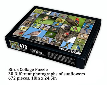 May include: A 672-piece jigsaw puzzle featuring a collage of 30 different bird photographs. The puzzle box is black with white text and measures 18 inches by 24.5 inches.