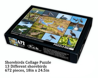 May include: A black box with a collage of 13 different shorebirds on the front. The box is for a 672 piece jigsaw puzzle that measures 18 inches by 24.5 inches.