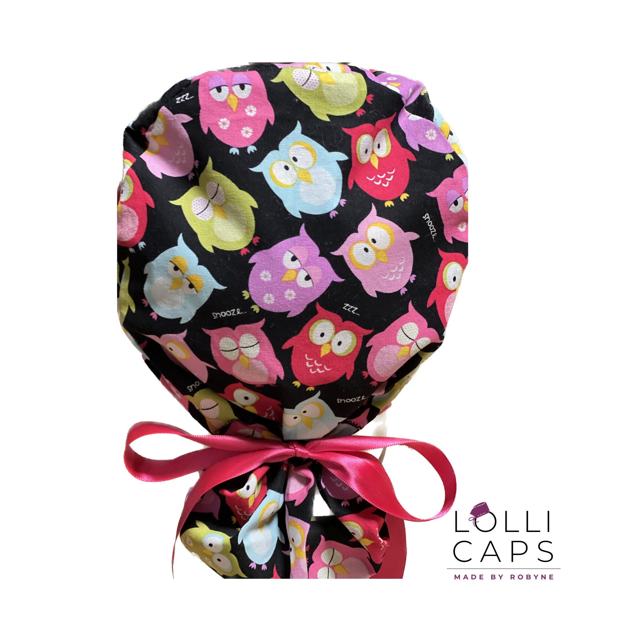 Bright Owls Ponytail Scrub Cap: Handmade Women's Surgical Cap