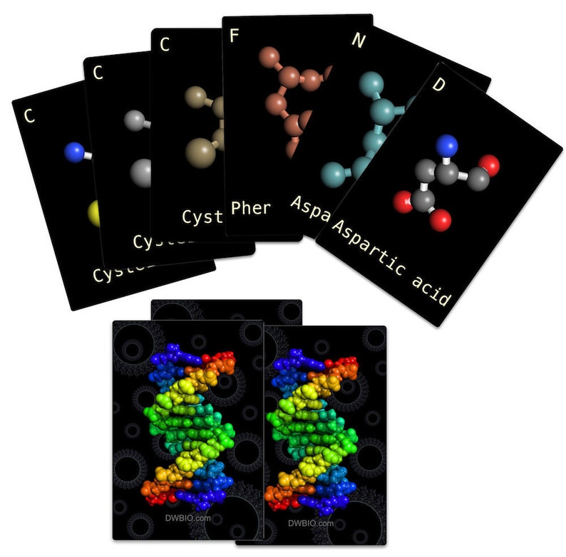 May include: A set of flashcards with the names and molecular structures of amino acids, including cysteine, phenylalanine, aspartic acid, and others. The cards are black with white text and colorful 3D molecular models. The cards are arranged in a fan shape, with the top card showing the name "Aspartic acid".