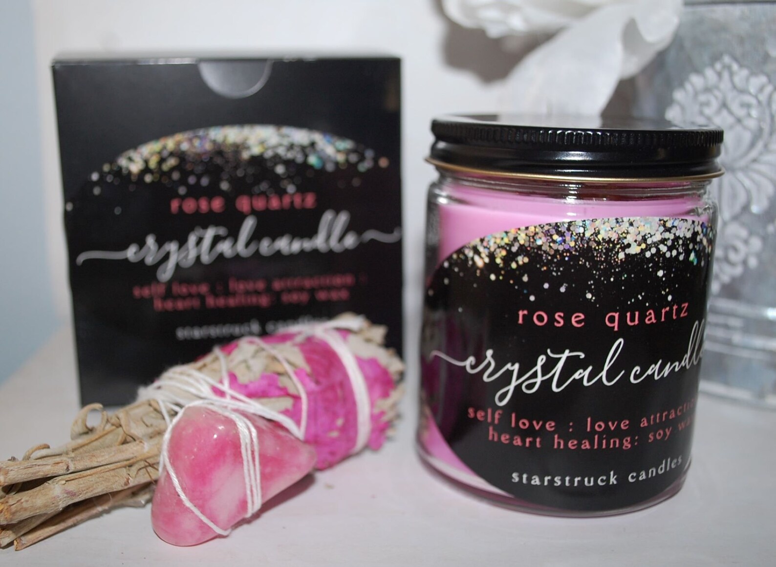 Rose Quartz crystal intention candle. Gemstone candle. Crystal Etsy