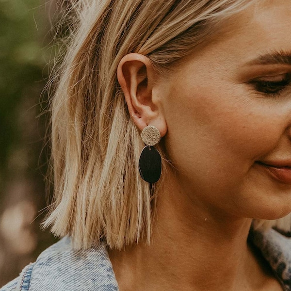 Maia Earrings. Navy and Gold Statement Earrings made with leather offcuts. Leather Earrings a perfect birthday presents for her.