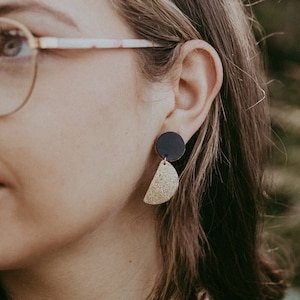Gold Celestial Moon Dangle Drop Earrings. Statement Silver Half Moon Earrings. Hypoallergenic and clip on earrings.