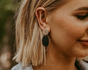 Maia Earrings. Navy and Gold Statement Earrings made with leather offcuts. Leather Earrings a perfect birthday presents for her.