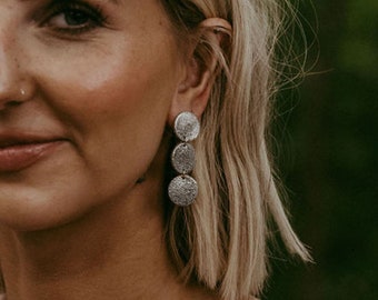 Leather Circle Drop Earrings: Silver or Gold Studs, Boho Statement Jewellery