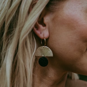Sunrise Hoop Earrings made from recycled leather. Lightweight statement earrings in a minimalist, geometric style. Navy and Gold Earring.