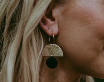 Sunrise Hoop Earrings made from recycled leather. Lightweight statement earrings in a minimalist, geometric style. Navy and Gold Earring.