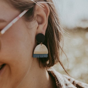 Sunset Fringe Drop Earrings. Statement Leather Drop Earrings in gold, mint green, fuchsia, ultramarine blue and coral pink. Clip on Earrings