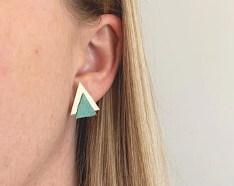 Minimalist Triangle Leather Stud Earrings: Gold Plated, Geometric Jewelry