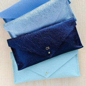 Blue Leather Clutch Purse in Seaglass, Powder Blue, Navy and Metallic Diamond. Pencil Case or Evening Bag. Bridesmaid Clutch Bags.