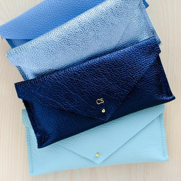 Blue Leather Clutch Purse in Seaglass, Powder Blue, Navy and Metallic Diamond. Pencil Case or Evening Bag. Bridesmaid Clutch Bags.