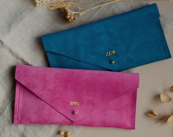 Personalised Suede Clutch Purse, Teal Mini Clutch Bag, Monogram Pink Wallet. Bright Pink Clutch, Birthday Gift for her.