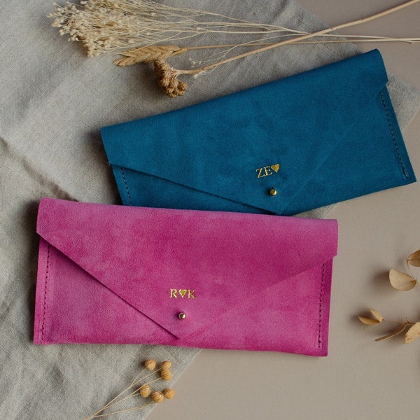 Personalised Suede Clutch Purse, Teal Mini Clutch Bag, Monogram Pink Wallet. Bright Pink Clutch, Birthday Gift for her.