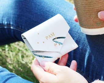 Personalised Green Botanical Recycled Leather Square Business Card Holder or Personalised Jewellery Pouch