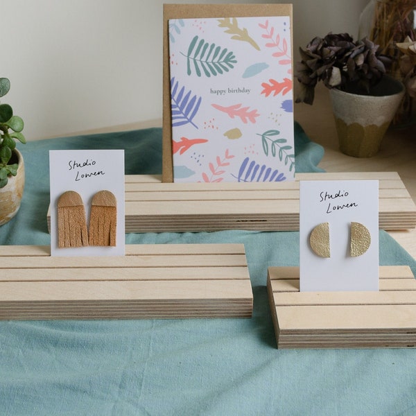3 Rows Ply Wood Card Display Stand for earrings, greeting cards, prints, postcards - wooden display stand for craft fairs markets