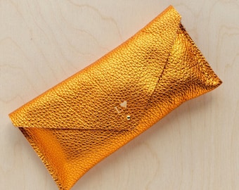 Metallic Copper Envelope Clutch Purse, Rust Orange Leather Evening Bag, Autumn Winter Wedding Bag. Bridesmaid gifts. Personalised Gift.