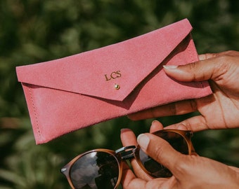 Personalised Coral Pink Glasses Case, Suede Envelope Glasses Case with initials, Birthday gift for her. Sunglasses Case or Eye Glasses Case.