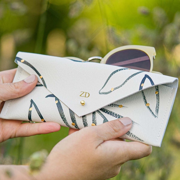 Personalised Botanical Recycled Leather Glasses Case: Hand-Painted Gold Detail