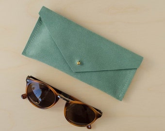 Mint Green Suede Glasses Case with optional personalisation. Green Suede Reading Cases Case.