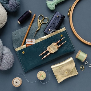 Leather Maxi Notions Pouch, with pockets for sewing and knitting accessories. Personalised gift for knitter or crafter.