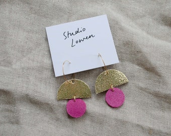 Sunrise Hoop Earrings made from recycled leather. Lightweight statement earrings in a minimalist, geometric style. Love Pink Earrings.